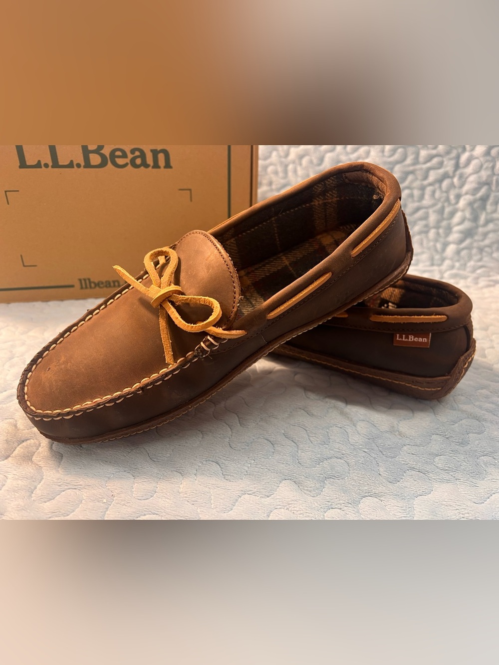 L.L. Bean Brown Leather Moccasin Loafers with Tan Laces - Picture 10 of 16